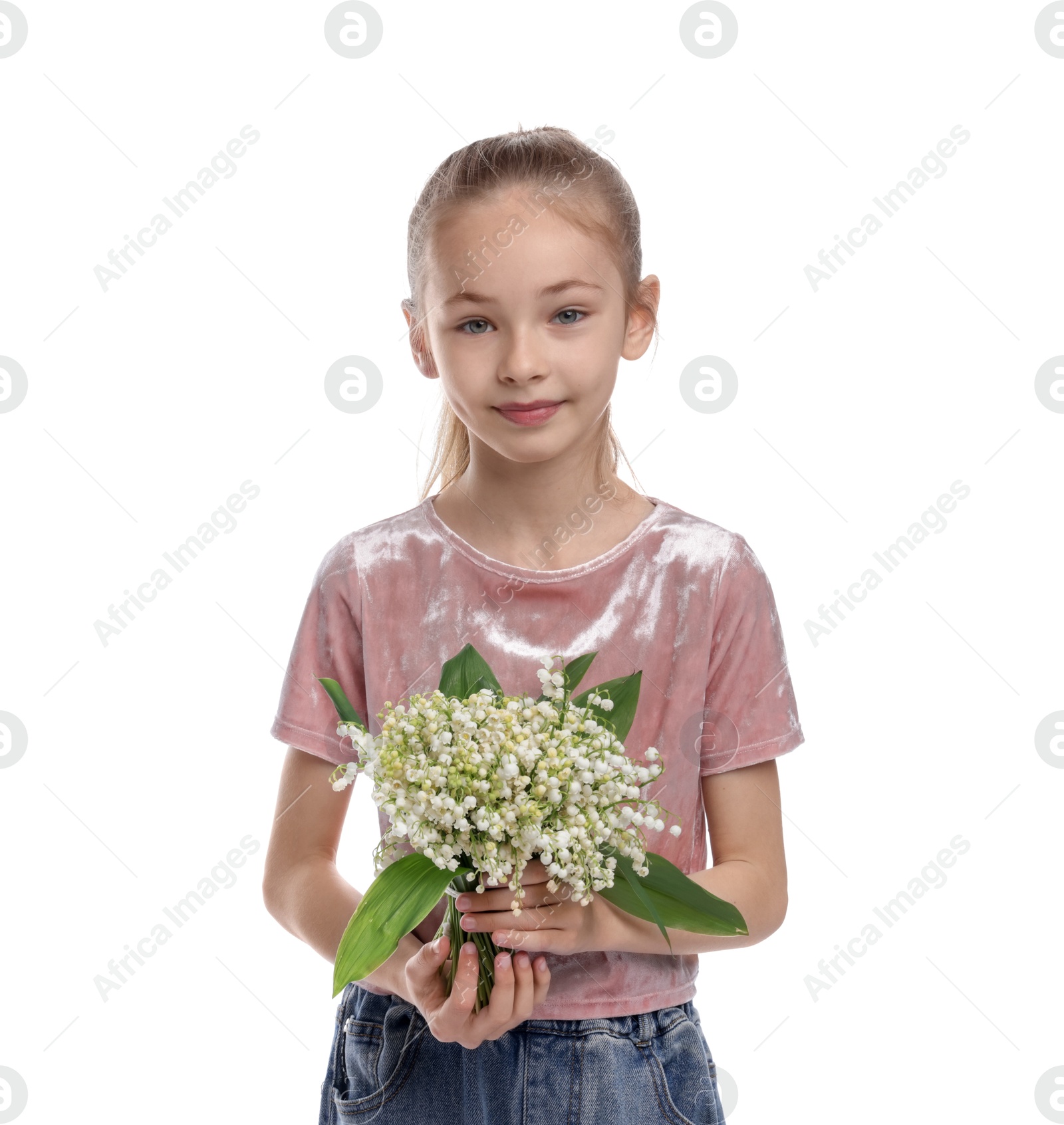 Girl with bouquet of beautiful lily-of-the-valley flowers on white background Photo of Girl with bouquet of beautiful lily-of-the-valley flowers on white background