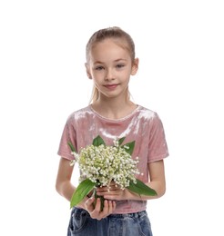 Photo of Girl with bouquet of beautiful lily-of-the-valley flowers on white background