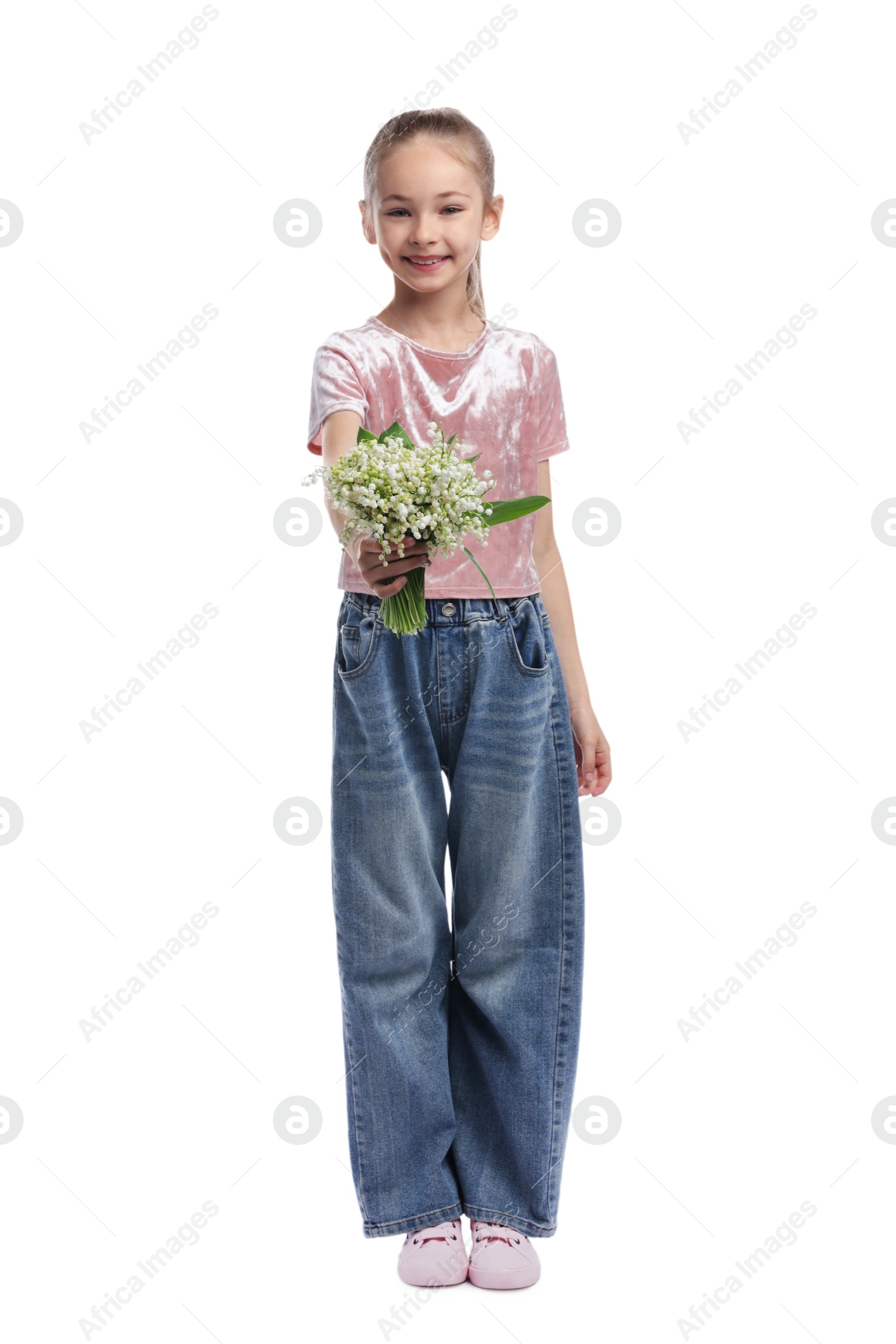 Girl with bouquet of beautiful lily-of-the-valley flowers on white background Photo of Girl with bouquet of beautiful lily-of-the-valley flowers on white background