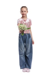 Photo of Girl with bouquet of beautiful lily-of-the-valley flowers on white background