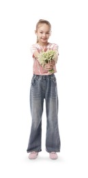 Photo of Girl with bouquet of beautiful lily-of-the-valley flowers on white background