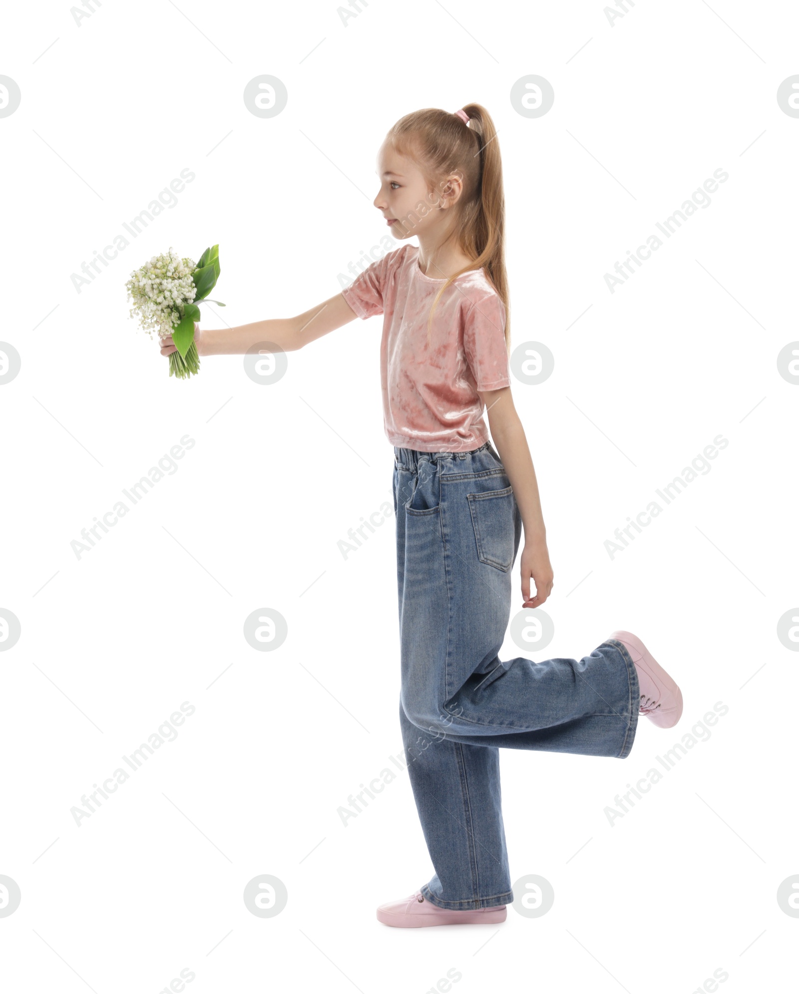 Girl with bouquet of beautiful lily-of-the-valley flowers on white background Photo of Girl with bouquet of beautiful lily-of-the-valley flowers on white background