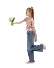 Photo of Girl with bouquet of beautiful lily-of-the-valley flowers on white background
