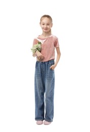 Photo of Girl with bouquet of beautiful lily-of-the-valley flowers on white background