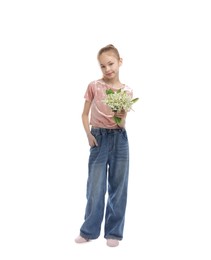 Photo of Girl with bouquet of beautiful lily-of-the-valley flowers on white background