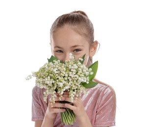 Photo of Girl with bouquet of beautiful lily-of-the-valley flowers on white background