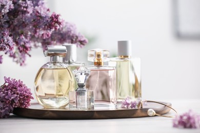 Photo of Bottles of perfumes and lilac flowers on white wooden table