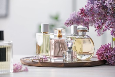 Photo of Bottles of perfumes and lilac flowers on white wooden table
