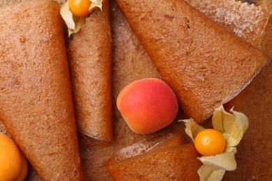 Photo of Delicious fruit leather rolls, apricots and physalis as background, top view