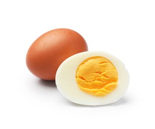Photo of Tasty hard boiled eggs on white background