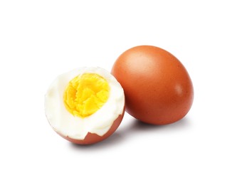 Photo of Tasty hard boiled eggs on white background