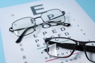 Photo of Glasses and vision test chart on light blue background, closeup