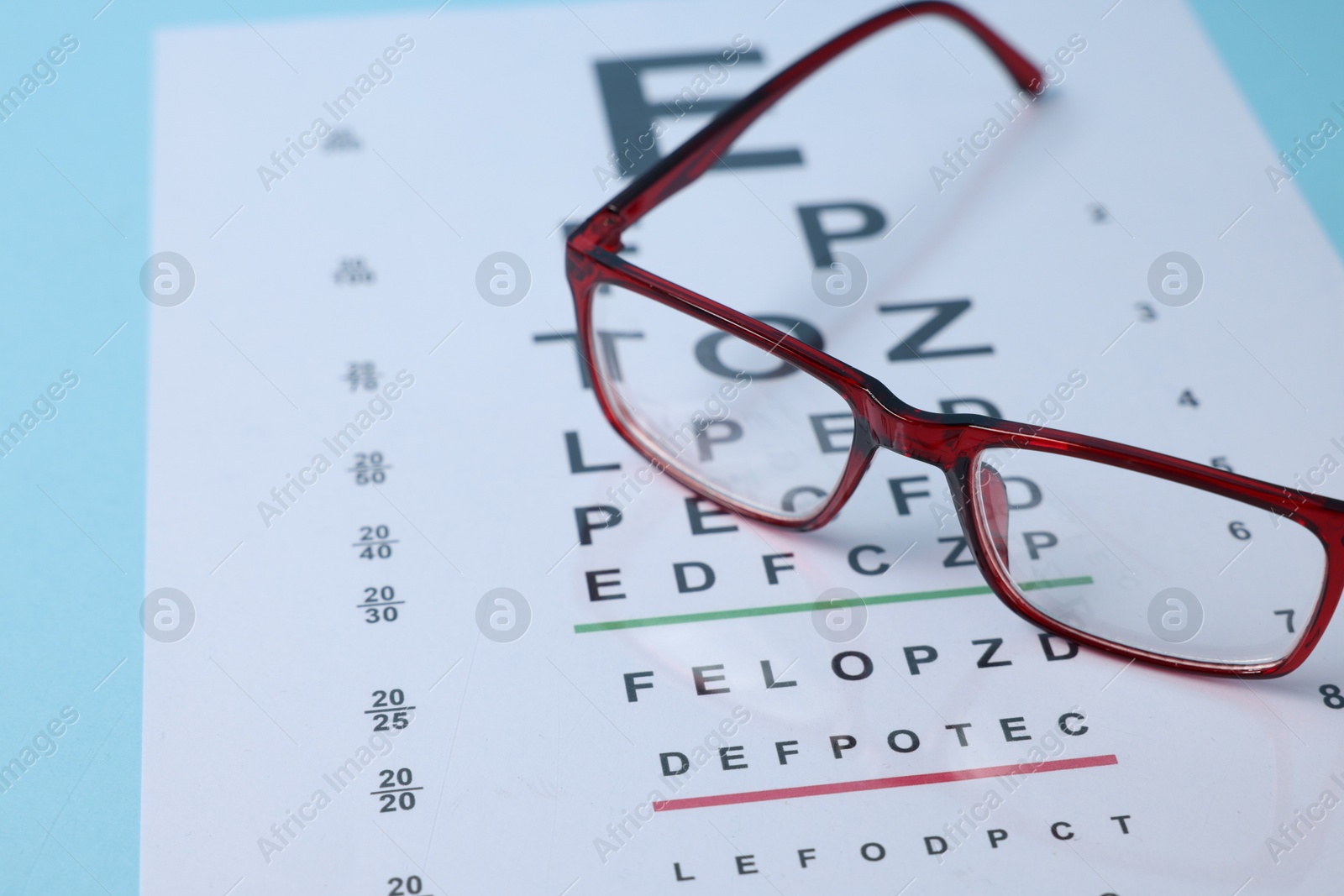 Glasses and vision test chart on light blue background, closeup Photo of Glasses and vision test chart on light blue background, closeup