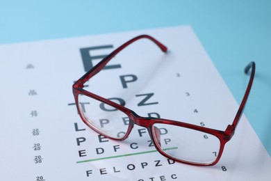 Photo of Glasses and vision test chart on light blue background, closeup
