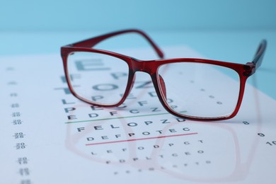 Photo of Glasses and vision test chart on light blue background, closeup