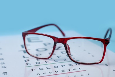 Photo of Glasses and vision test chart on light blue background, closeup