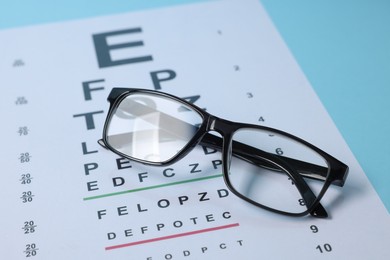Photo of Glasses and vision test chart on light blue background, closeup
