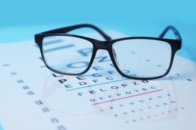 Photo of Glasses and vision test chart on light blue background, closeup
