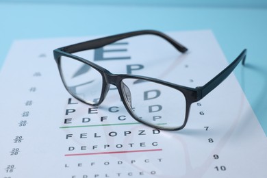 Photo of Glasses and vision test chart on light blue background, closeup
