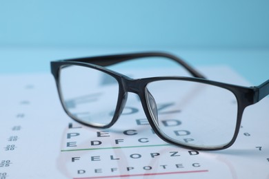 Photo of Glasses and vision test chart on light blue background, closeup