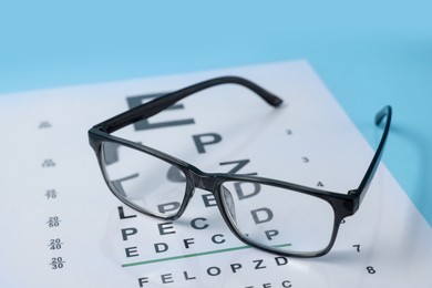 Photo of Glasses and vision test chart on light blue background, closeup