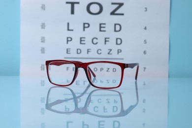 Photo of Glasses on light blue table against vision test chart, closeup