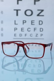 Photo of Glasses on light blue table against vision test chart, closeup