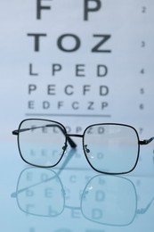 Photo of Glasses on light blue table against vision test chart, closeup