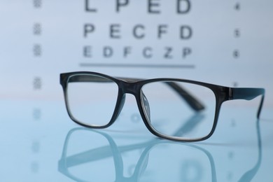Photo of Glasses on light blue table against vision test chart, closeup