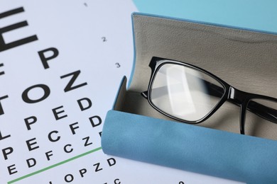 Photo of Glasses in case and vision test chart on light blue background, closeup