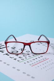Photo of Glasses and vision test chart on light blue background, closeup