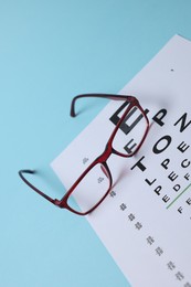 Photo of Glasses and vision test chart on light blue background, closeup