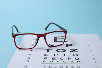 Photo of Glasses and vision test chart on light blue background, closeup