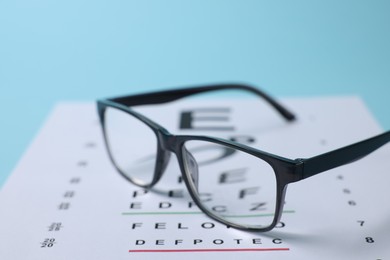 Photo of Glasses and vision test chart on light blue background, closeup