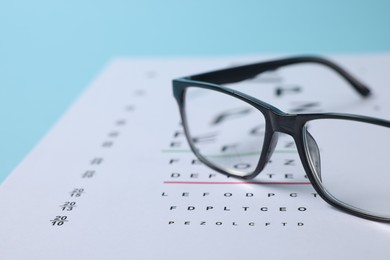Photo of Glasses and vision test chart on light blue background, closeup