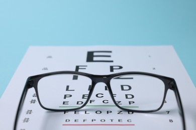 Photo of Glasses and vision test chart on light blue background, closeup