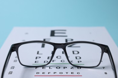 Photo of Glasses and vision test chart on light blue background, closeup