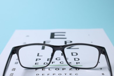Photo of Glasses and vision test chart on light blue background, closeup