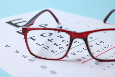 Photo of Glasses and vision test chart on light blue background, closeup