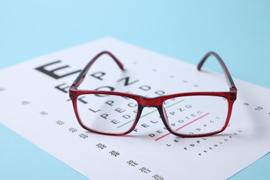 Photo of Glasses and vision test chart on light blue background, closeup