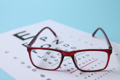 Photo of Glasses and vision test chart on light blue background, closeup