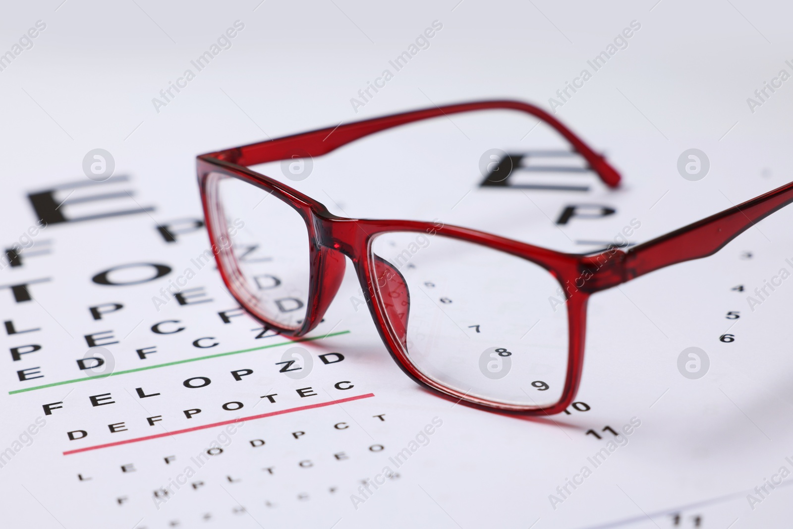 Glasses on vision test charts as background, closeup Photo of Glasses on vision test charts as background, closeup