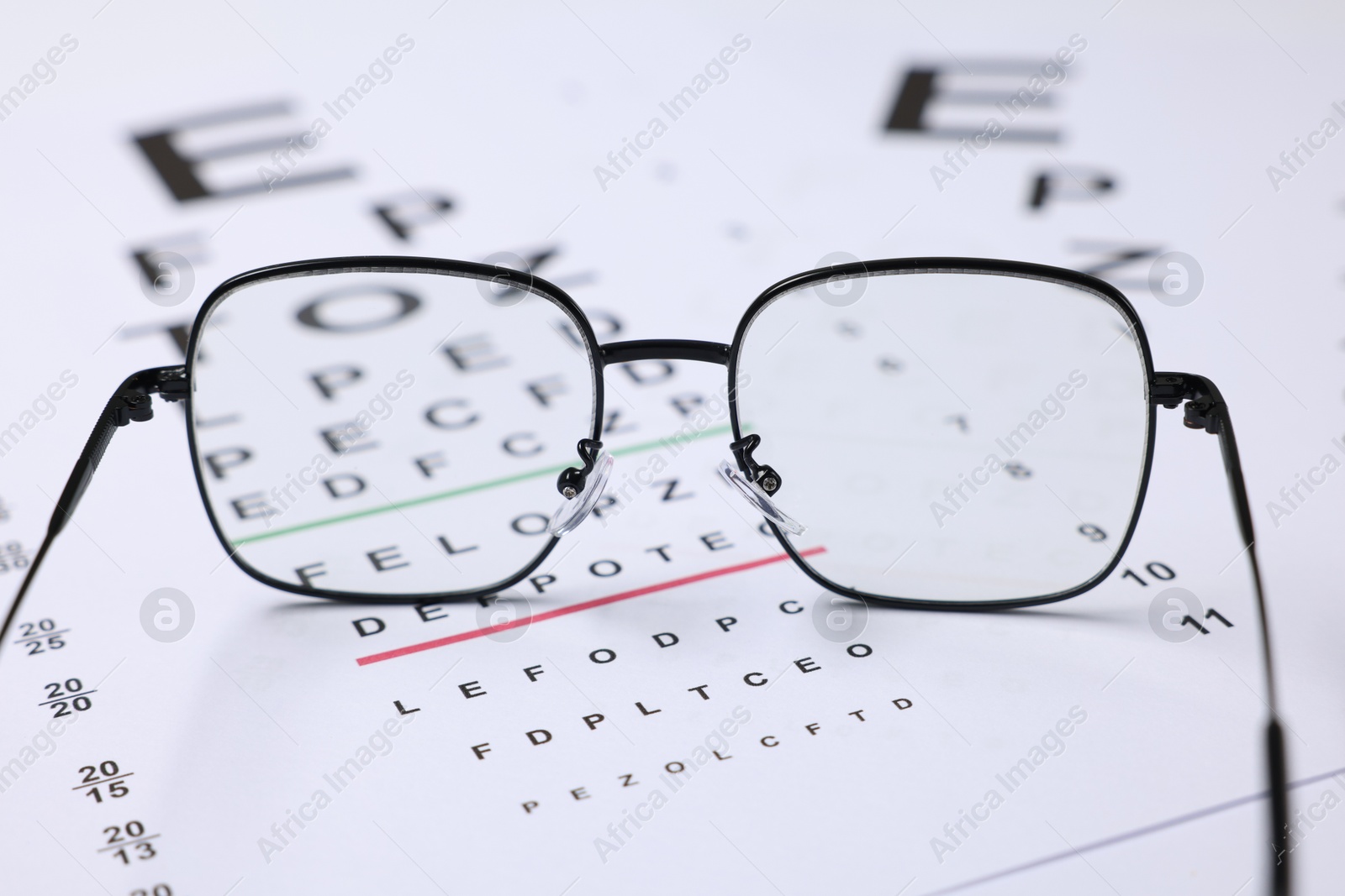 Glasses on vision test charts as background, closeup Photo of Glasses on vision test charts as background, closeup