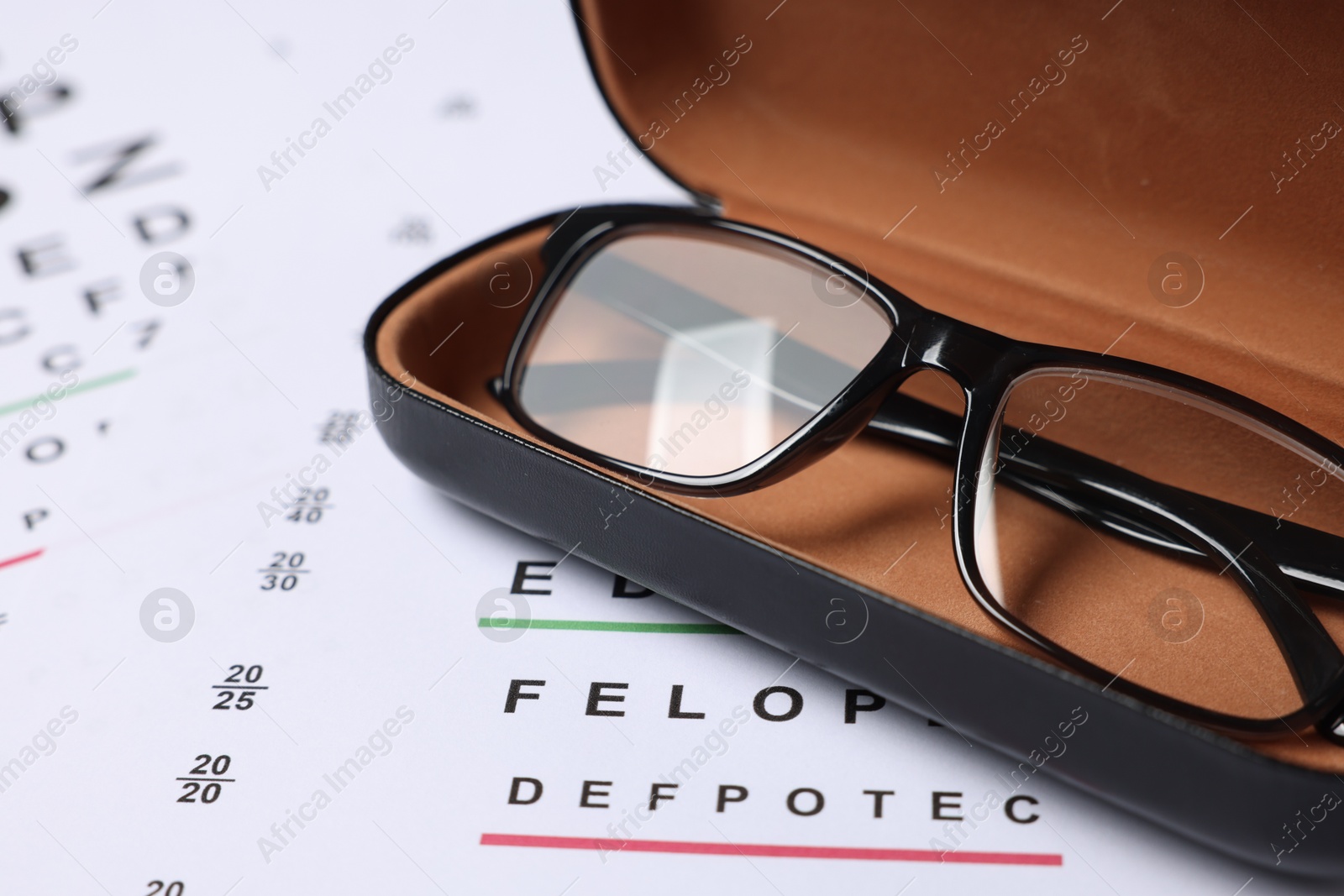 Glasses in case on vision test chart, closeup Photo of Glasses in case on vision test chart, closeup
