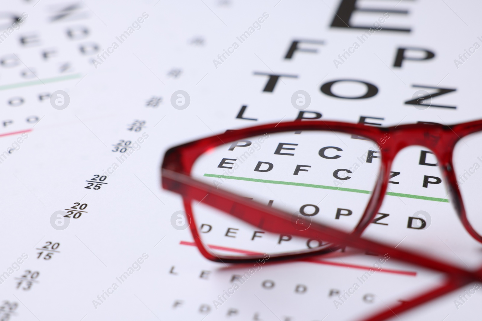 Glasses on vision test charts as background, closeup Photo of Glasses on vision test charts as background, closeup