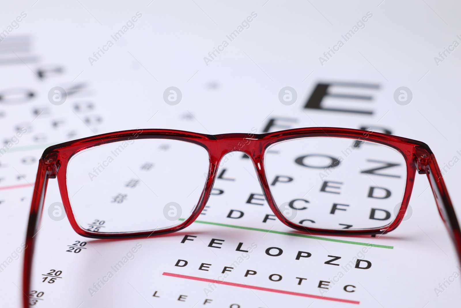 Glasses on vision test charts as background, closeup Photo of Glasses on vision test charts as background, closeup
