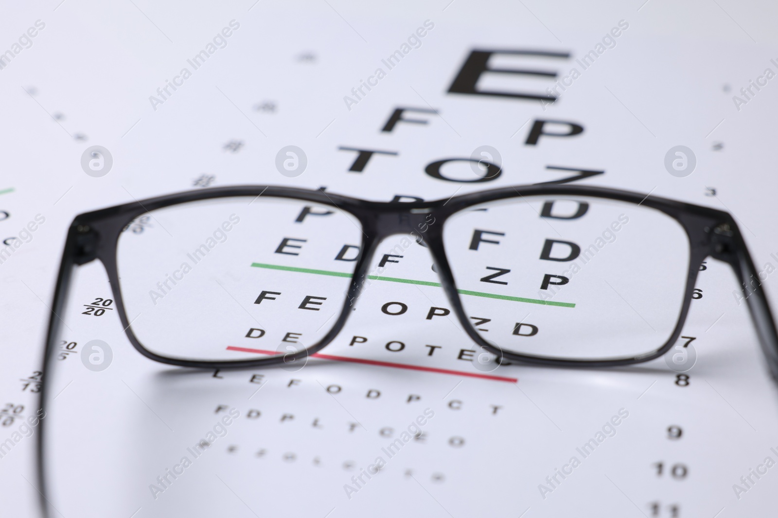 Glasses on vision test charts as background, closeup Photo of Glasses on vision test charts as background, closeup