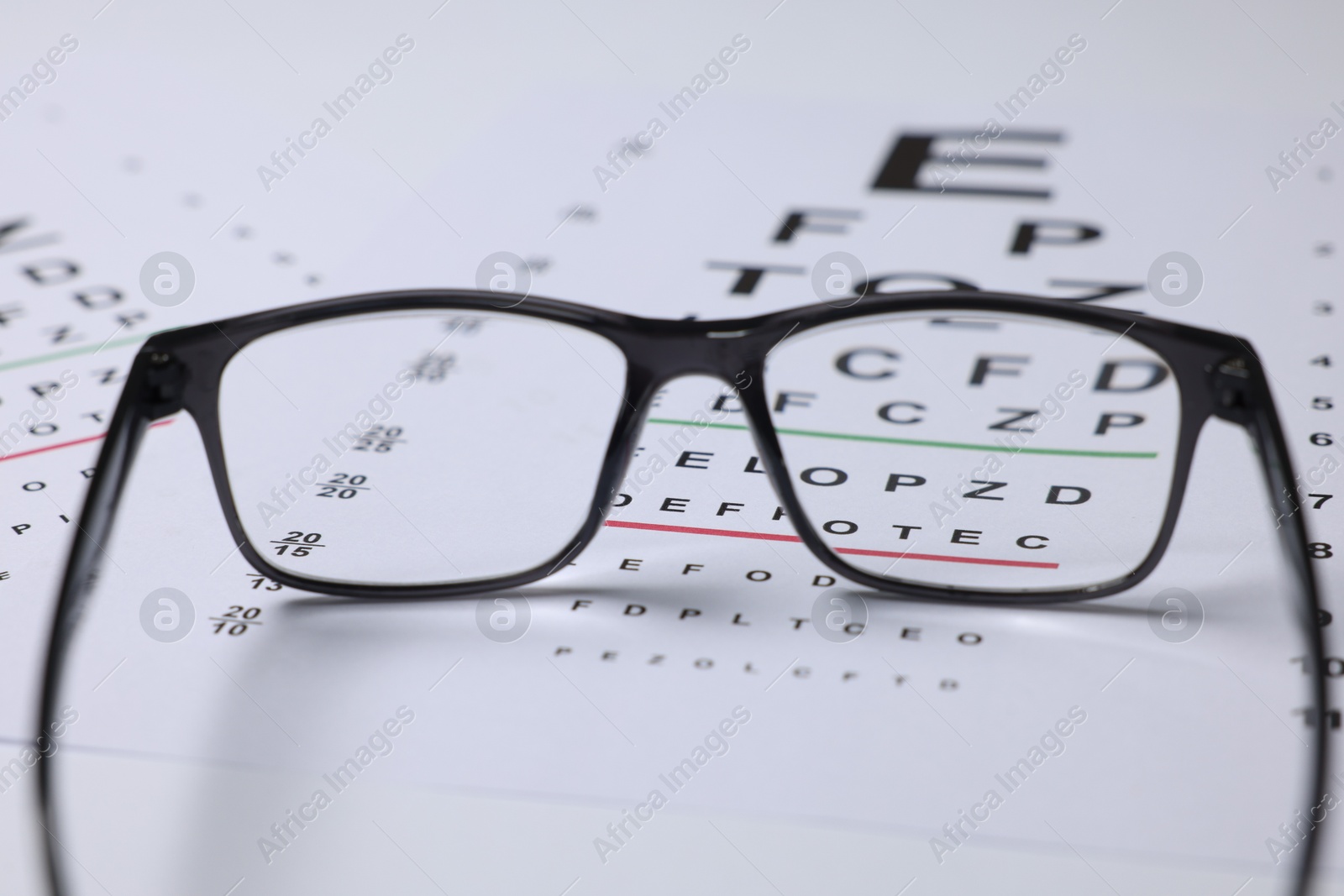Photo of Glasses on vision test charts as background, closeup