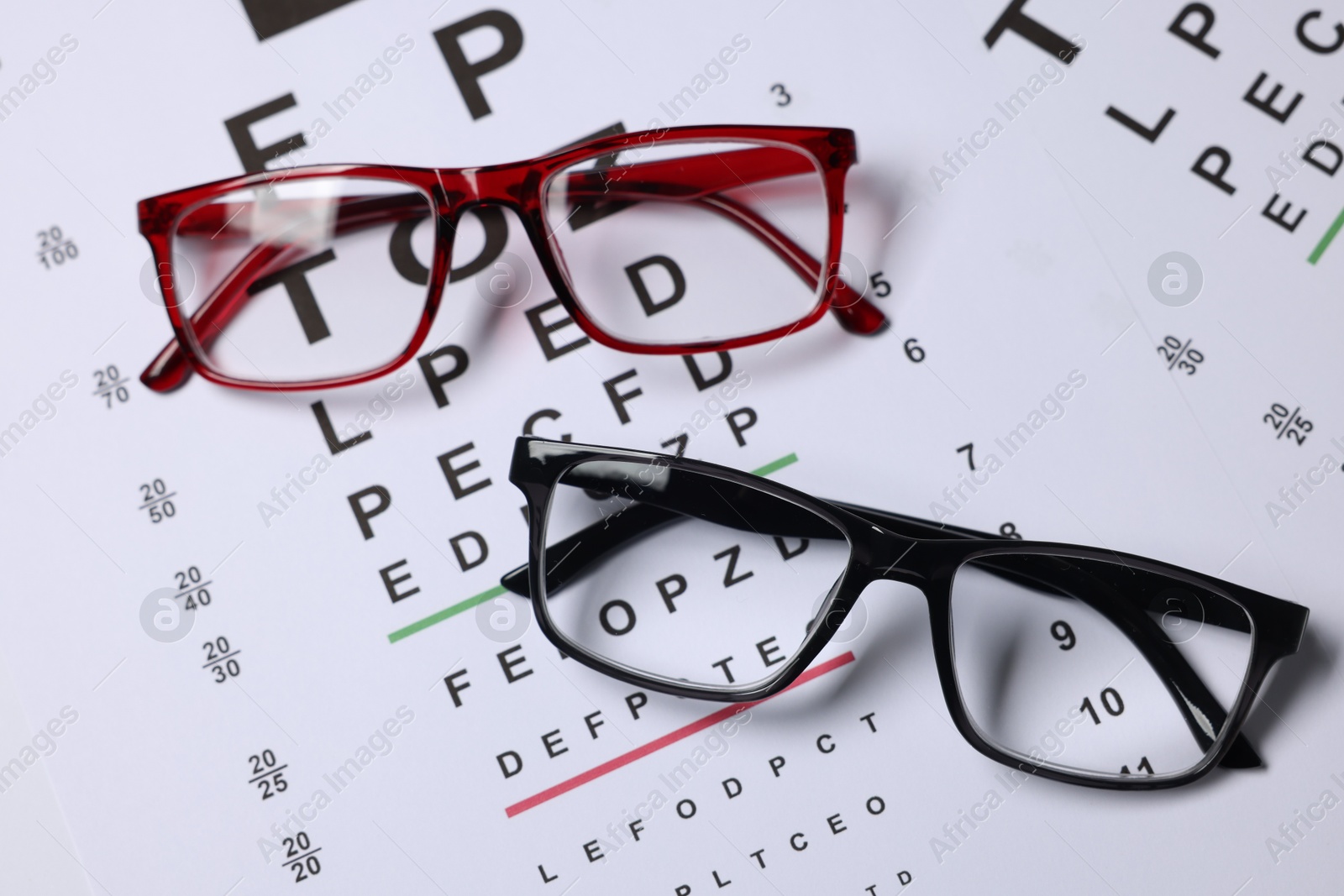 Glasses on vision test charts as background, top view Photo of Glasses on vision test charts as background, top view