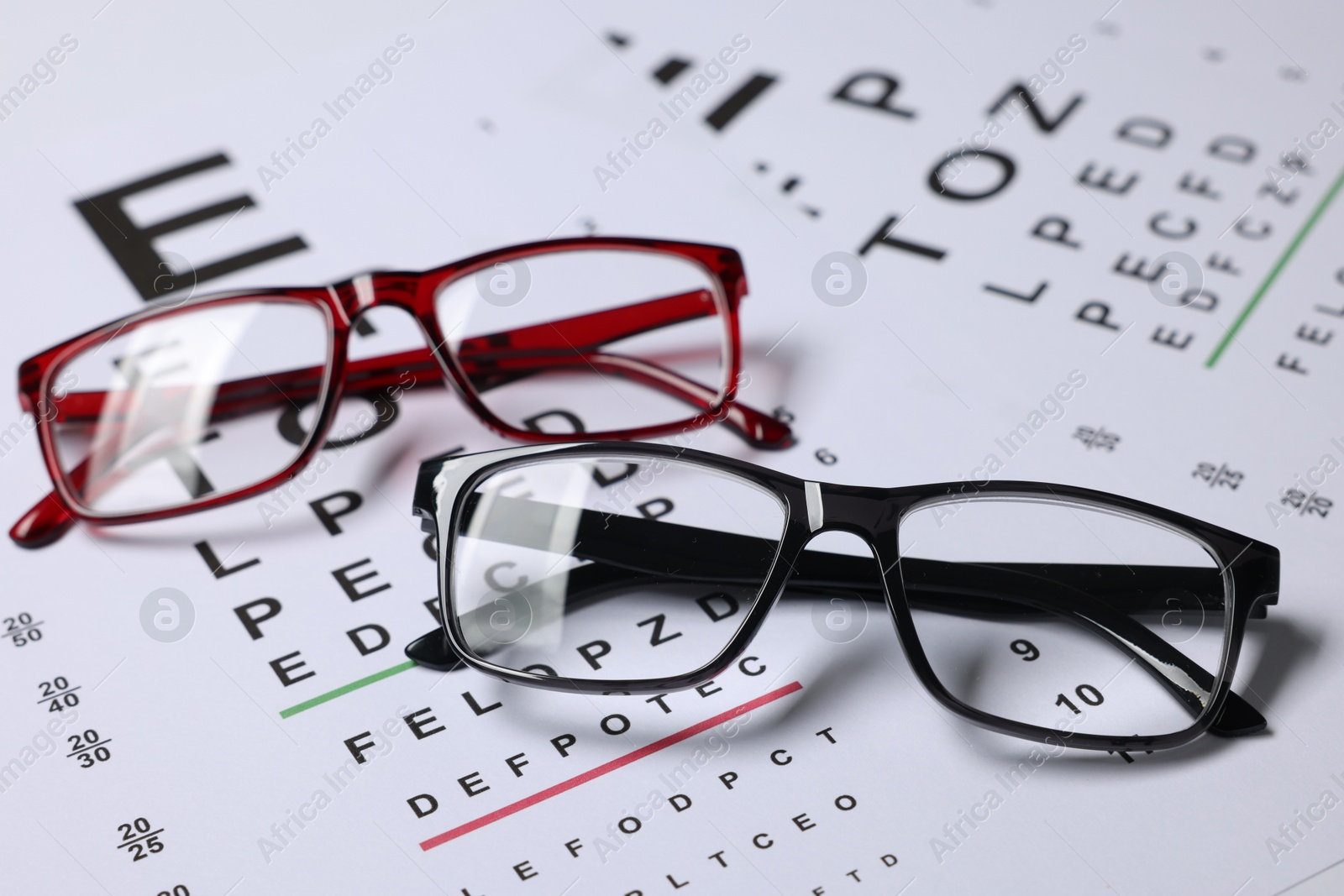 Glasses on vision test charts as background, closeup Photo of Glasses on vision test charts as background, closeup